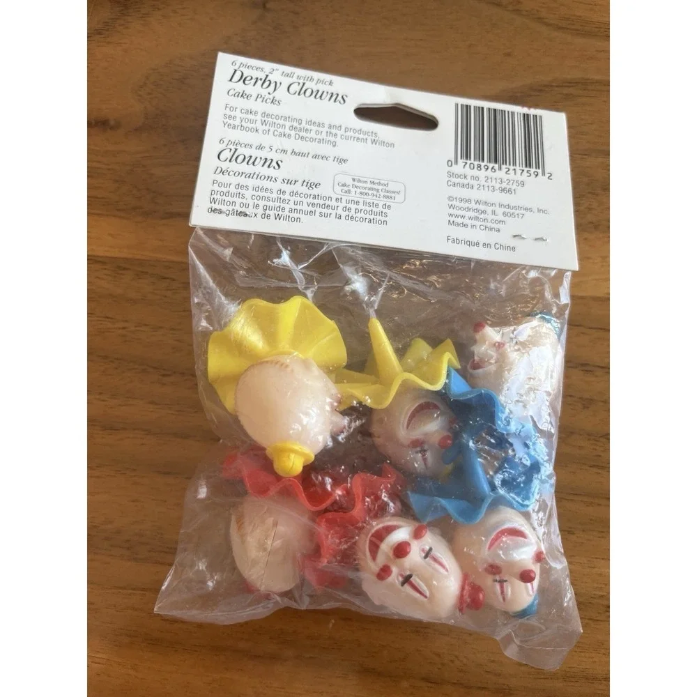 Vintage 1998 Wilton 6pk Derby Clown Decorative Cake Cupcake Picks Toppers NEW
